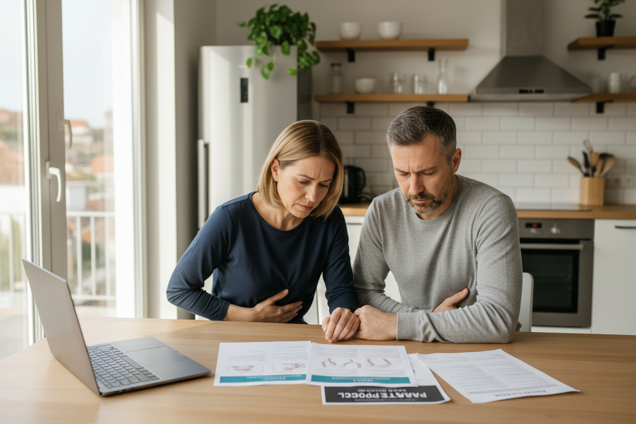 homem e mulher de 40 anos sentados na mesa da cozinha preocupados com a saude por conta dos vermes e intestino